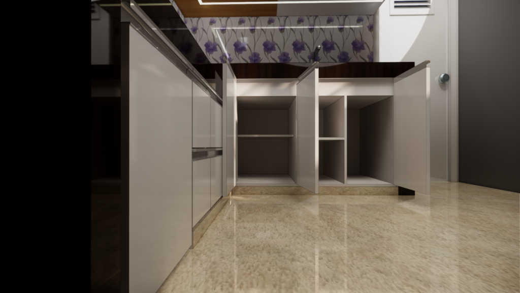 Detail interior kitchen set Japandi estetik Ibu Farida dengan kombinasi material kayu alami