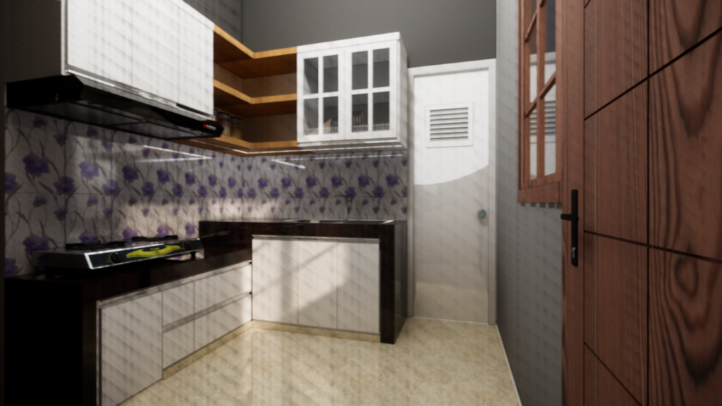 Area memasak kitchen set Japandi modern Ibu Farida dengan backsplash bernuansa netral.