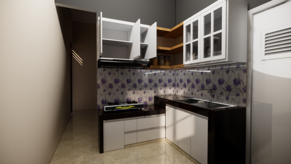 Kabinet dapur Japandi motif kayu dan putih krem milik Ibu Farida untuk tampilan bersih dan rapi.