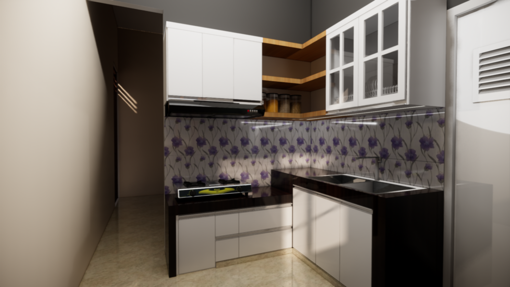 Desain kitchen set Japandi Ibu Farida dengan perpaduan tekstur kayu hangat dan kabinet putih minimalis.