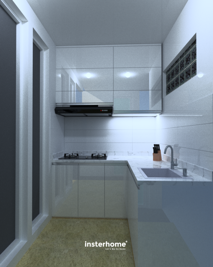 Kitchen set putih glossy minimalis milik Ibu Martha dengan tampilan bersih dan modern.