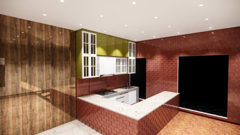 Interior kitchen set minimalis elegan milik Ibu Dian, dirancang ideal untuk area bersantai dan wine time.