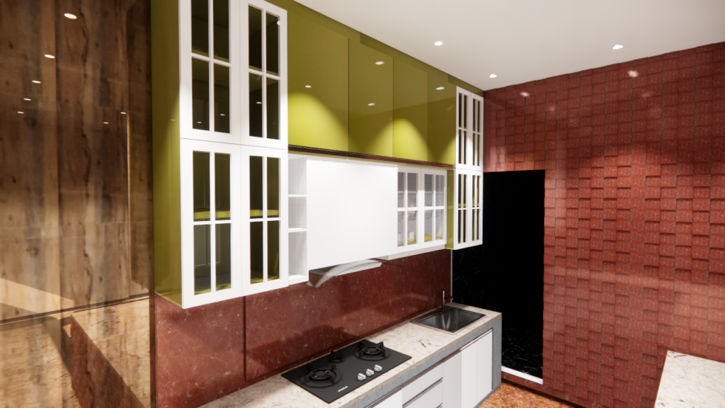 Interior kitchen set minimalis elegan milik Ibu Dian, dirancang ideal untuk area bersantai dan wine time.