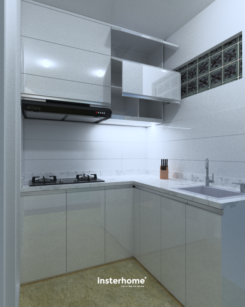 Kabinet kitchen set hpl putih glossy mewah dengan area penyimpanan rapi Ibu Martha.