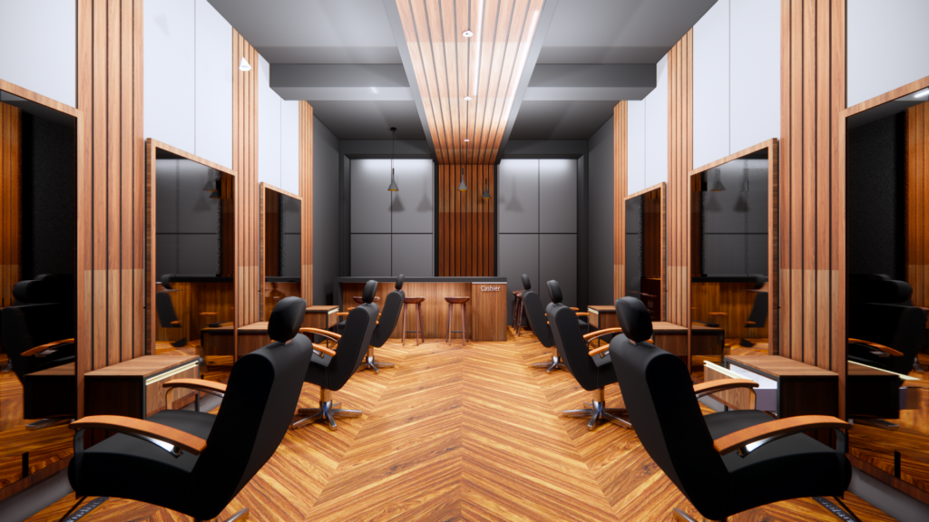 Gambar ini memperlihatkan konsep perancangan interior barbershop yang sangat kuat dengan karakter maskulin, modern, dan elegan. Dominasi visual dibentuk dari kontras yang harmonis antara kehangatan material kayu (wood) dan kesan kokoh serta dingin dari warna abu-abu (grey).
Pada bagian dinding dan langit-langit, terdapat permainan aksen slat wall kayu berbentuk vertikal yang memberikan kesan ruangan lebih tinggi dan lapang. Pencahayaan tersembunyi (hidden LED lighting) diselipkan di sela-sela ornamen kayu untuk memberikan efek pencahayaan lembut (warm ambiance), mempertegas tekstur material sekaligus memberikan kenyamanan ekstra bagi pelanggan yang sedang dirawat.
Lantai dan dinding pendukung menggunakan warna abu-abu gelap dengan tekstur menyerupai semen poles (raw concrete look) atau charcoal grey, memberikan sentuhan gaya industrial yang rapi dan bersih. Kursi barber profesional berwarna hitam diletakkan secara presisi di hadapan cermin-cermin besar berbingkai minimalis. Kombinasi tata cahaya yang diperhitungkan dengan cermat dan pemilihan warna yang tepat menciptakan suasana yang tenang, privat, dan sangat mewah. Desain interior barbershop seperti ini dirancang khusus oleh jasa interior jogja untuk memenuhi kebutuhan bisnis usaha pangkas rambut pria yang ingin tampil beda, profesional, dan berkelas tinggi di tengah persaingan pasar modern.